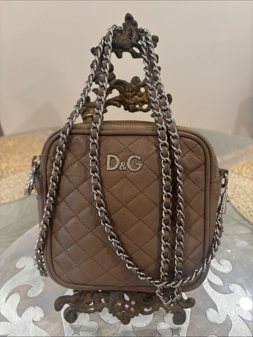 D&G Taupe Mini Crossbody with Silver removable leathered Chain- made in Italy